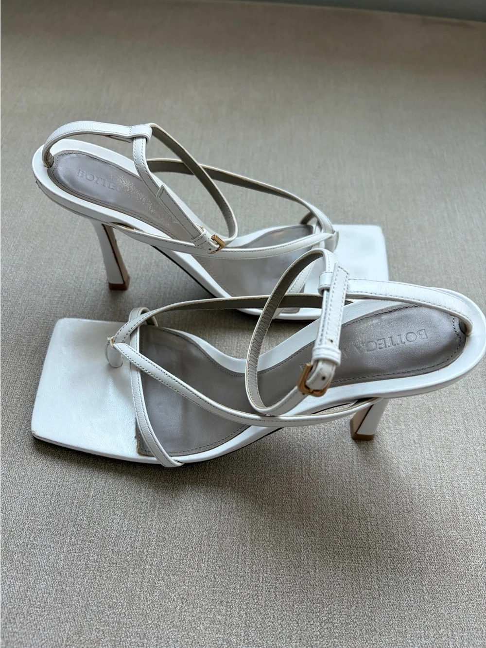 Bottega Veneta Off-White Strappy Square-Toe Stiletto Sandals